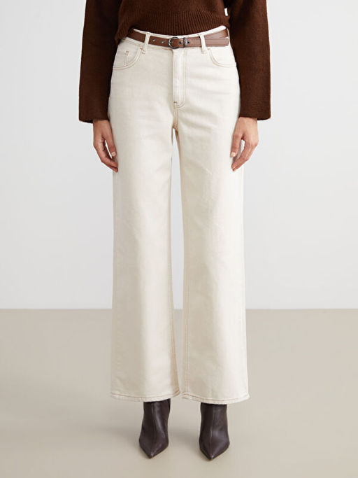 Beli Kemerli Wideleg Kad?n Jean Pantolon