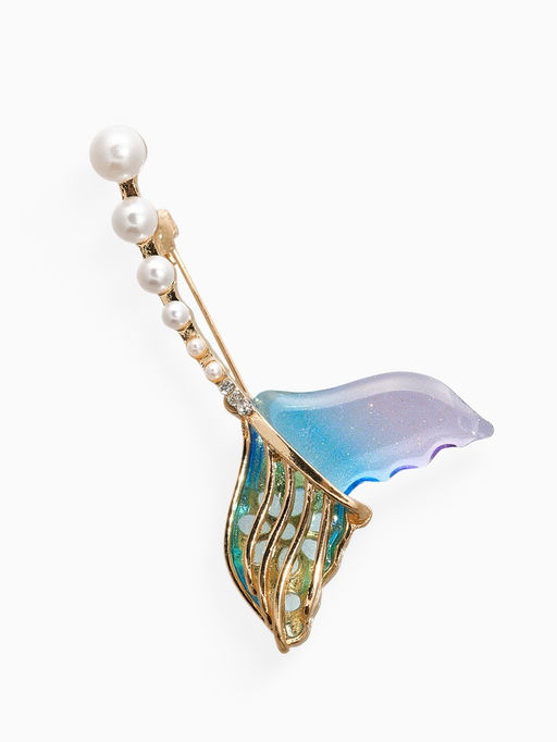 Брошь «Хвост Русалки» с жемчугом, цветная в золоте