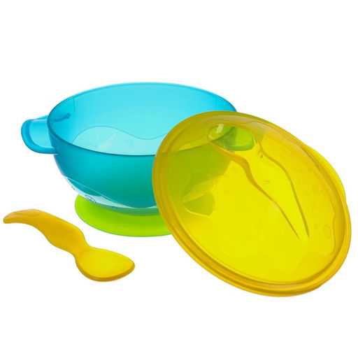 Тарелка детская на присоске, с крышкой, ложка, бирюзовая