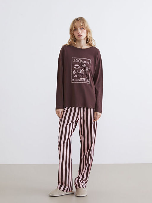 Bisiklet Yaka Bask?l? Kad?n Pijama Tak?m?