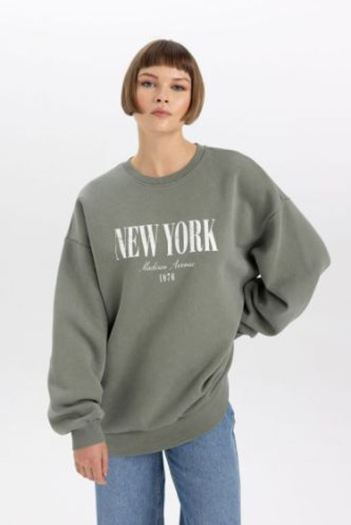 Oversize Genis Kal?p Bisiklet Yaka Bask?l? Kal?n Sweatshirt