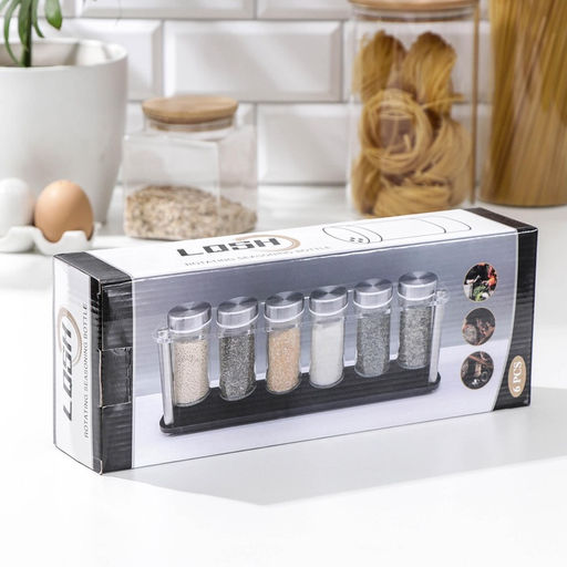 Набор для специй на подставке «Хай-тек», 90 мл, 33×6.7×10.5 см, 4×9.5 см, 6 шт., стекло