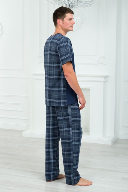 Пижама мужская из футболки с коротким рукавом и брюк из кулирки Макс темно-синяя клетка - Амадэль фото 6