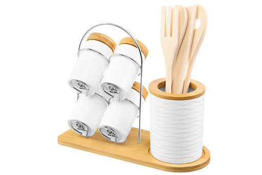 Набор 9 пр.- набор кух. принад. 4 пр. с подставкой+ банки д/хранен. 4 пр. Айсберг волны на дер.под - Elan gallery фото 5