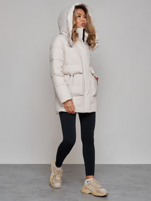Зимняя женская куртка модная с капюшоном бежевого цвета 589827B - RoccaManer фото 10