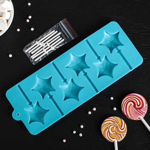 Форма для леденцов новогодняя Доляна Звездочёт, силикон, 9.5?24?1 см, 6 ячеек (4.2?3.8 см), с палочками, МИКС