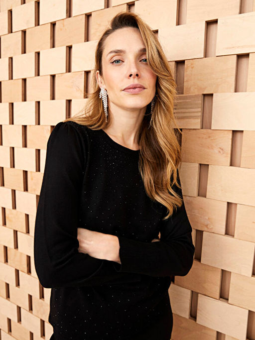 Bisiklet Yaka Bask?l? Uzun Kollu Kad?n Triko Kazak