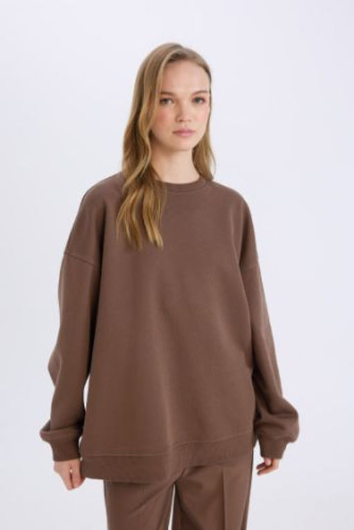 Okula Donus Oversize Genis Kal?p Bisiklet Yaka Kal?n Basic Duz Sweatshirt
