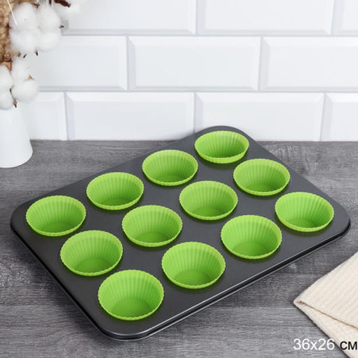 Набор для выпечки кексов и капкейков 12 ячеек 36х26 + Форма силиконовая для кексов 12 штук / RSD-50/GF-743 Зеленый