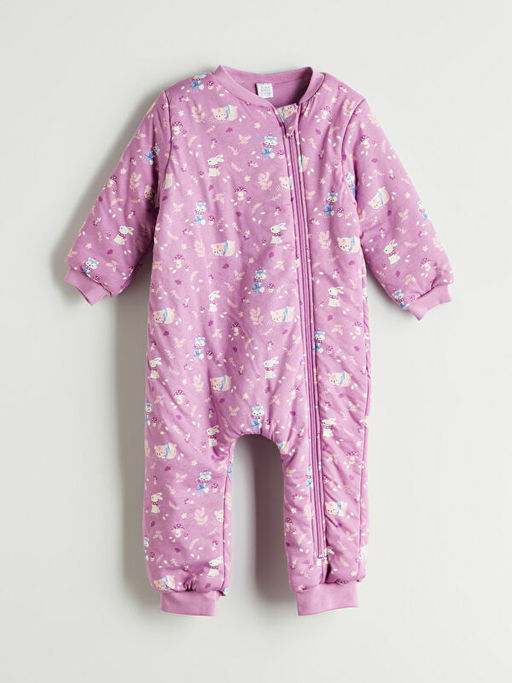 Bask?l? Fermuarl? K?z Bebek Uyku Tulumu