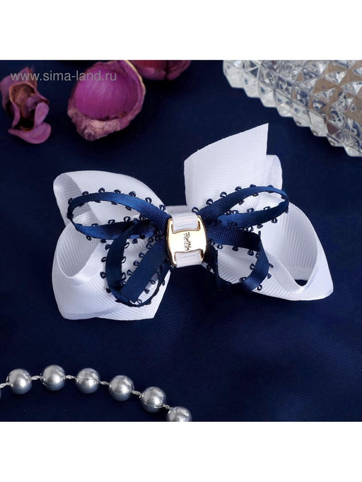 Цена за 6 шт. Бант для волос на резинке «Школьница», штрихи, 8 см, бело-синий