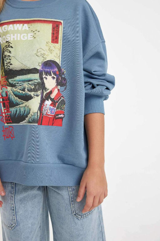 Мягкий пушистый свитшот с круглым вырезом для девочек Hatsune Miku Relax Fit - Defacto фото 5