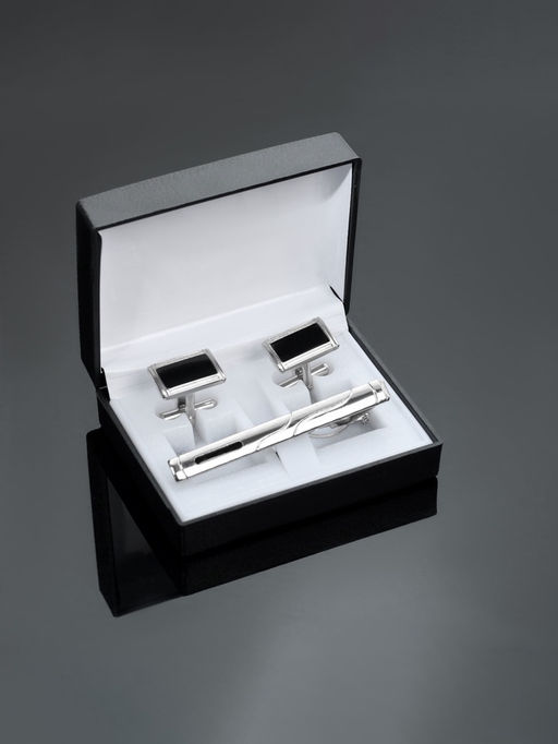 Набор мужской медный Запонки + Зажим для галстука прямоугольник с эмалью, чёрно-серебристый