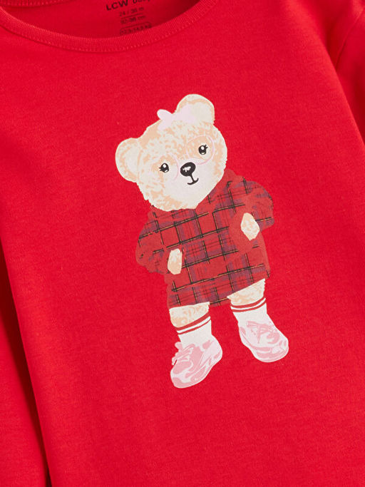 Bisiklet Yaka Ay? Teddy Bask?l? K?z Bebek Pijama Tak?m?