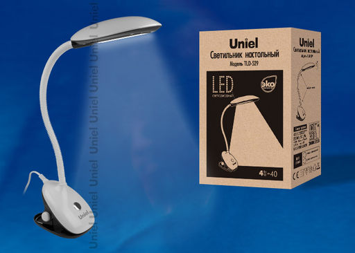 TLD-529 Black-White/4W/LED/400Lm/4500K Светильник настольный прищепка. Механический выключатель. Чёрный с белым. TM Uniel.