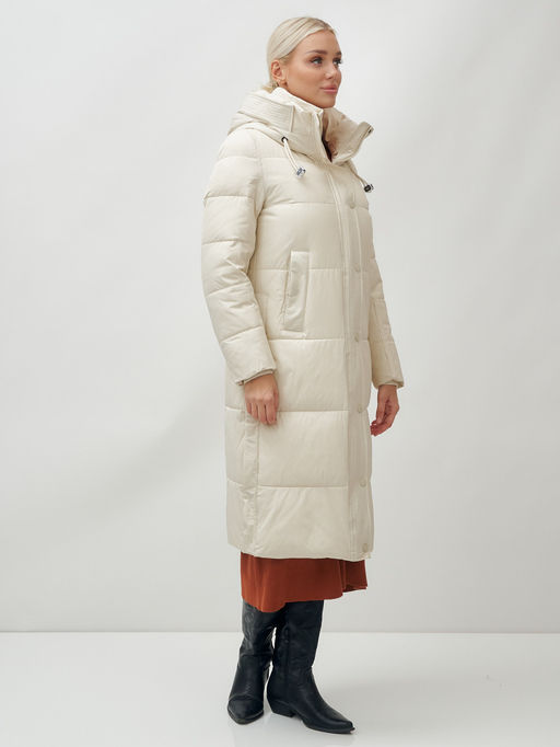 Пальто утепленное стеганное зимнее с капюшоном женское бежевого цвета 9601B - Holdluck фото 4