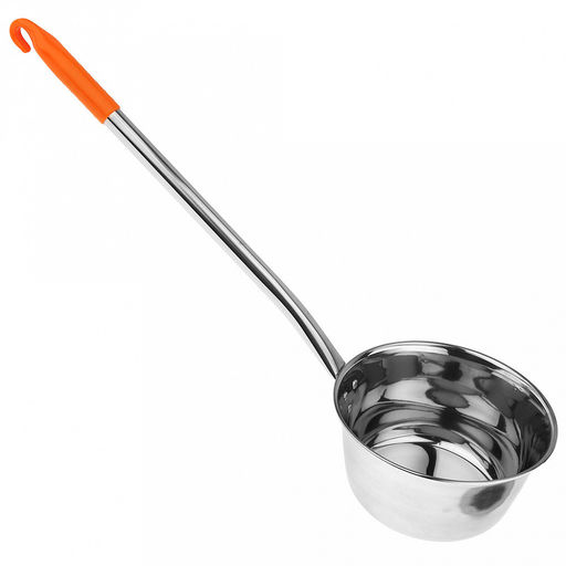 Ковш из нержавеющей стали "Находка" 1,6л, д18см h9см, s0,3мм, без теплораспределительного дна, длинная ручка 42см, пластмассовый наконечник с крючком (Китай)