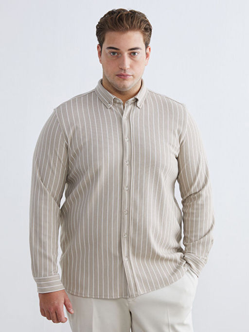 B?y?k Beden Slim Fit Uzun Kollu ?izgili Erkek G?mlek