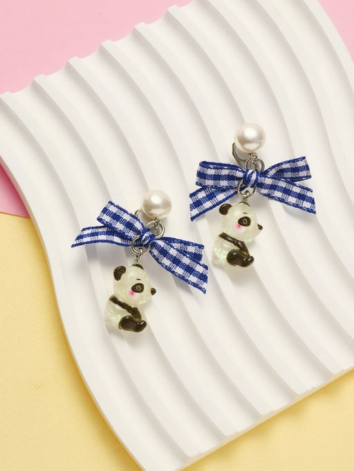 Цена за 2 шт. Серьги-клипсы детские «Выбражулька» панда с бантом клетка и жемчужиной, цветные