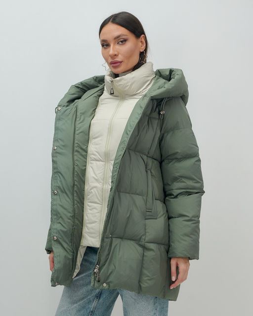 Куртка двубортная женская зимняя с капюшоном цвета хаки 7736Kh Бренд: Visdeer  фото 11
