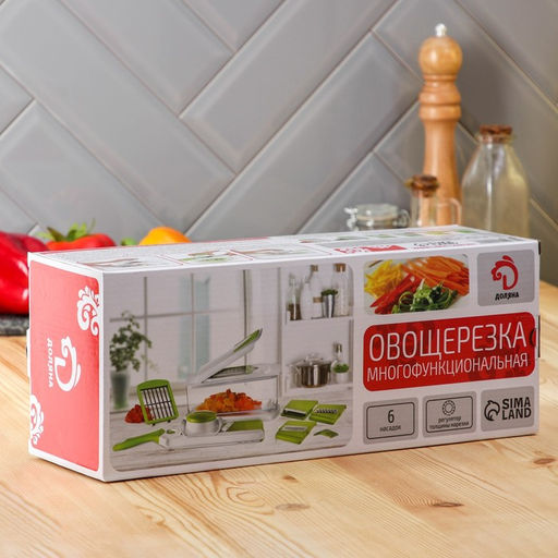 Овощерезка - шинковка со сменными насадками и контейнером Доляна Fresh Cook, 6 насадок, 14×12.5×38.1 см, белая, зелёная