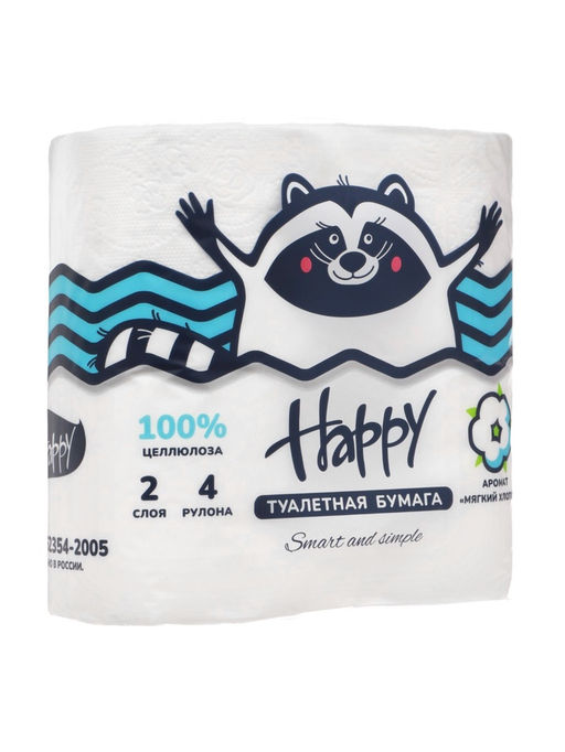 Цена за 2 шт. Туалетная бумага HAPPY со втулкой, аромат мягкого хлопка, 2 слоя, 4 рулона