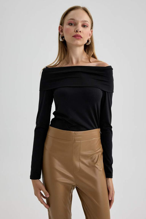 Приталенная футболка с открытыми плечами и длинными рукавами - Defacto фото 7