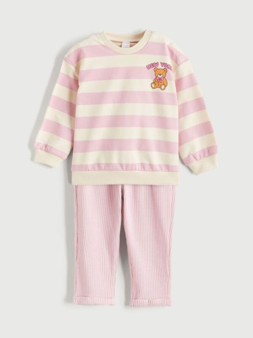 Bask?l? K?z Bebek Sweatshirt ve Pantolon 2li