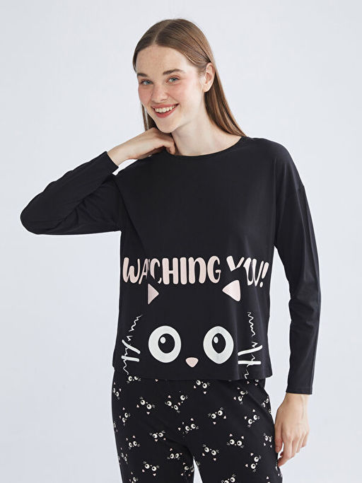 Bisiklet Yaka Bask?l? Kad?n Pijama Tak?m?