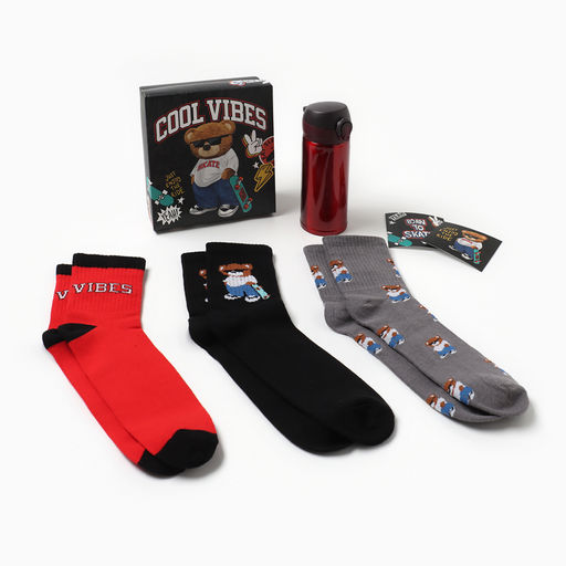 Подарочный набор термос и носки 3 пары KAFTAN Медведь, р. 33-35 (20-22 см)  фото 2