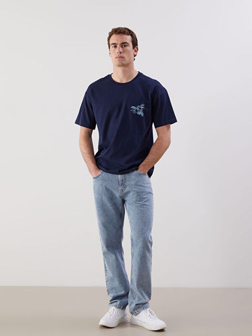 Bisiklet Yaka Bask?l? Penye Erkek Ti??rt