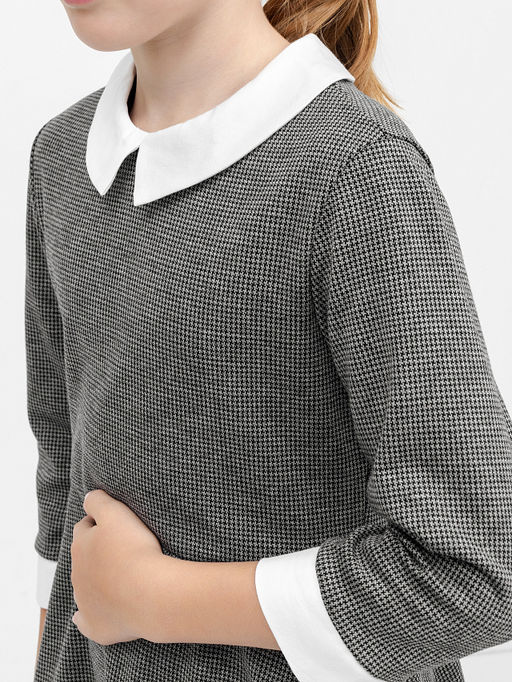 Серое платье с текстильным воротником и манжетами в гусиную лапку для девочек - Mark formelle фото 3