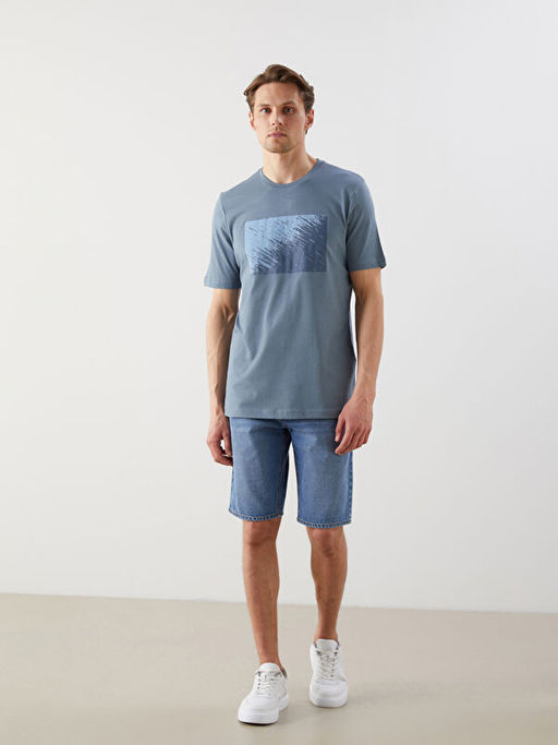 Bisiklet Yaka K?sa Kollu Bask?l? Penye Erkek Ti??rt