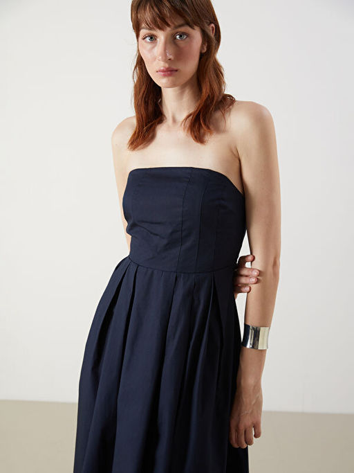 Straplez Yaka Poplin Elbise