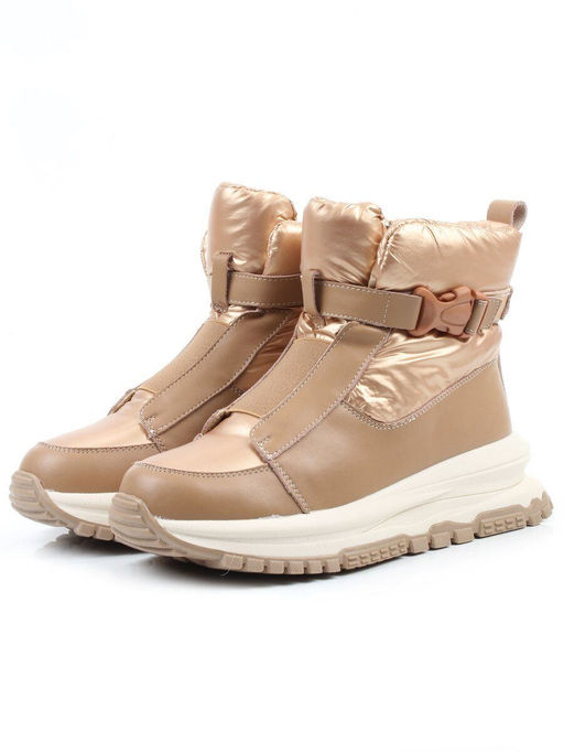 04-WG037-1M DK. BEIGE/GOLD Ботинки зимние женские (натуральная кожа, курточная ткань, 100% шерсть)