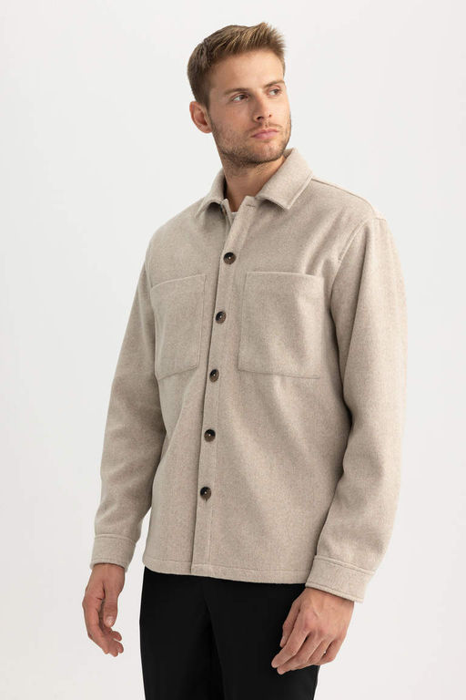 Шерстяная куртка-рубашка с длинными рукавами и воротником-поло Relax Fit - Defacto фото 5
