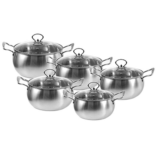 "Яблоко" Набор кастрюль из нержавеющей стали 5 штук: 16х9см 1,8л; 17,5х9,5см 2,4л; 19,5х10,5см 3,2л; 21х11см 4л; 23х12,3см 5,2л, крышки стеклянные, ручки нержавеющая сталь, матовые, сферическая форма, с теплораспределительным дном 0,5см, цветная коро