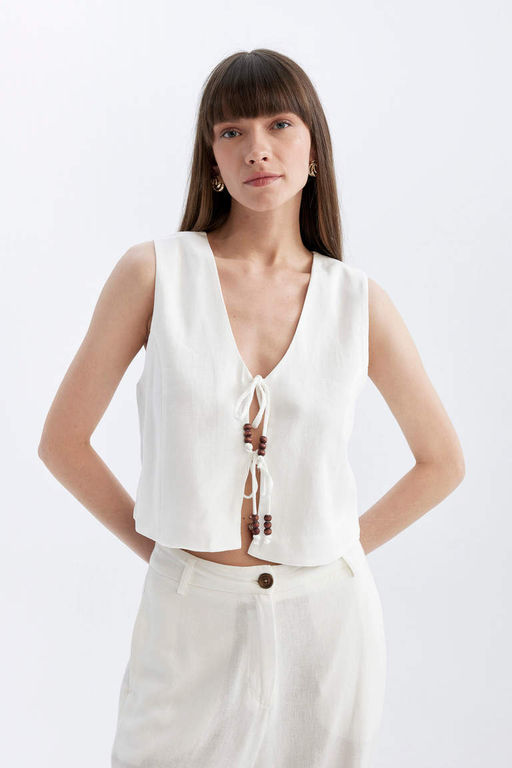 Белый жилет на шнуровке из смесового льна с v-образным вырезом - Defacto фото 5