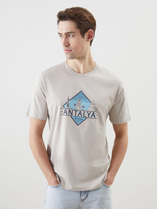 Bisiklet Yaka Antalya Bask?l? Penye Erkek Ti??rt