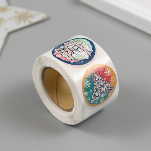 Цена за 2 шт. Наклейка бумага Нарисованный Новый год, d=2.5 см, 252 шт. в рулоне - Арт узор фото 2