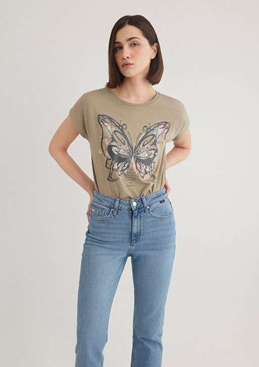 Kelebek Bask?l? Kahverengi Tisort - Mavi фото 3