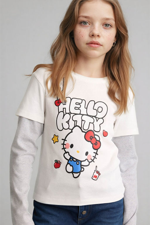 %100 Pamuk Hello Kitty Bisiklet Yaka Uzun Kollu Ti__rt K_z _ocuk - Defacto фото 5