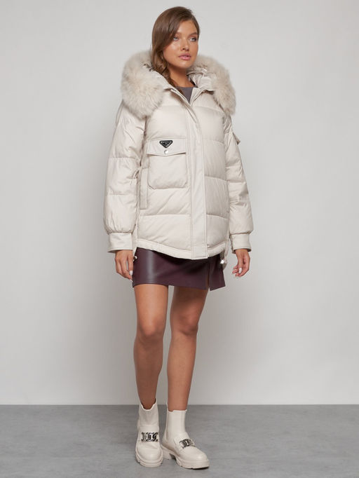Куртка зимняя женская модная с мехом бежевого цвета 13301B - Visdeer фото 4