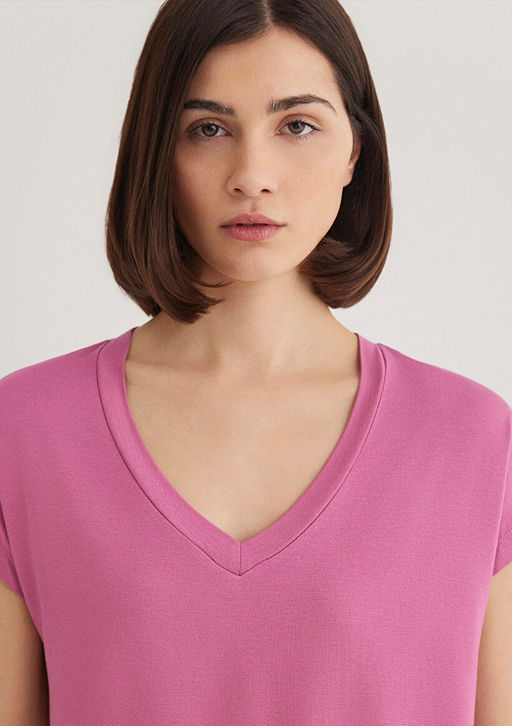 V Yaka Pembe Basic Viskoz Tisort - Mavi фото 6