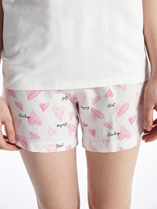 Bisiklet Yaka Desenli K?sa Kollu Kad?n ?ortlu Pijama Tak?m?