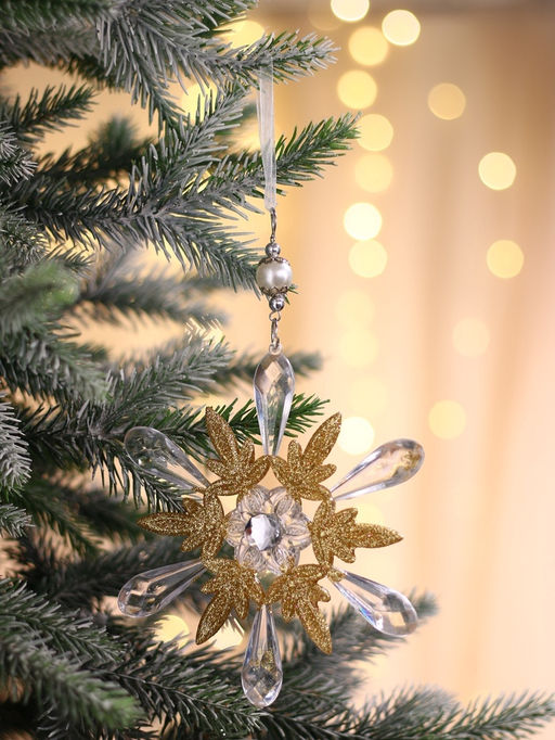Цена за 2 шт. Ёлочная игрушка Зимнее волшебство. Снежинки лучистые, 1414 см, прозрачно-золотой, МИКС  фото 9
