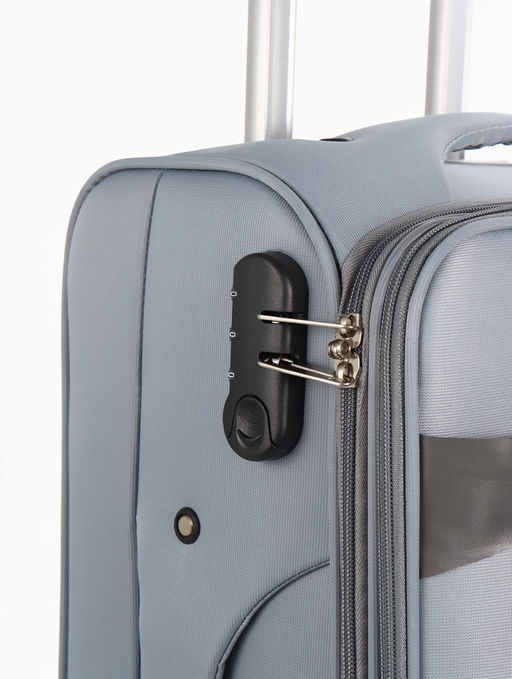 Чемодан 20",Текст,36*25*58,отд на молнии,1 нар/карм, увелич,код замок,4 колеса, т.серый