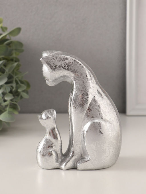 Фигурка полистоун «Кошка с котёнком», серебро, 10×6×13.5 см