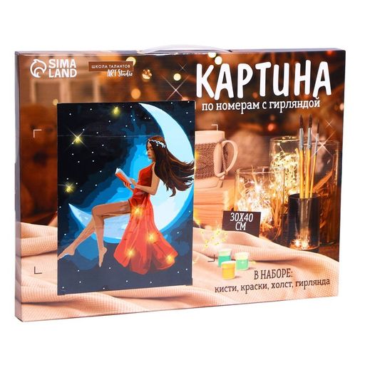 Картина по номерам на раме, с гирляндой Девочка на луне, 30х40 см - Школа талантов фото 2