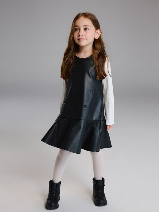 Suni Deri K?z ?ocuk Elbise ve K?lotlu ?orap